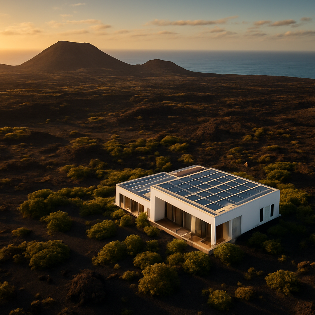Paisaje volcánico de Lanzarote con paneles solares integrados discretamente en un hotel